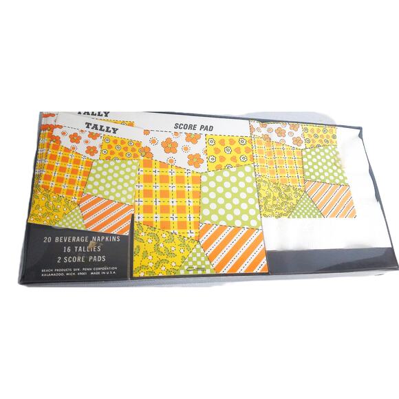 Vintage Contempo Bridge Set Patchwork Psychedelic Napkins Tallies Score Cards - Picture 8 of 8